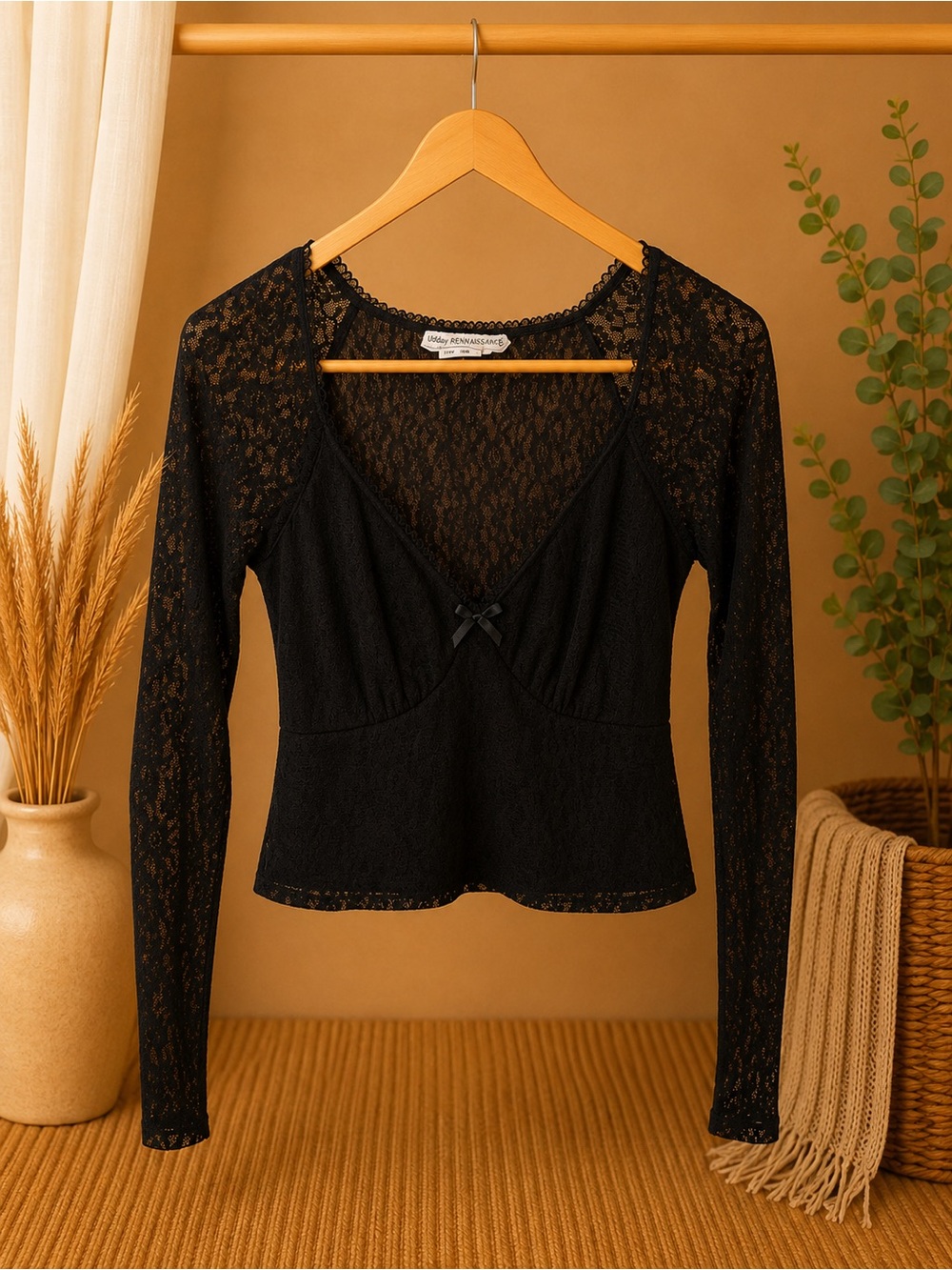 NWOT Urban Renewal Black Lace Long Sleeve Sweetheart Top with Bow